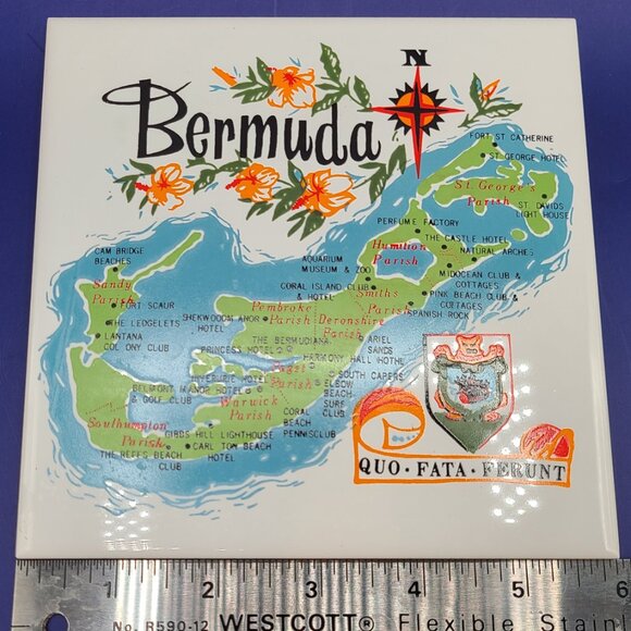 FINAL CLEARANCE Vintage Bermuda Map Crest Souvenir Wall Tile Trivet MCM 6" - Picture 3 of 3